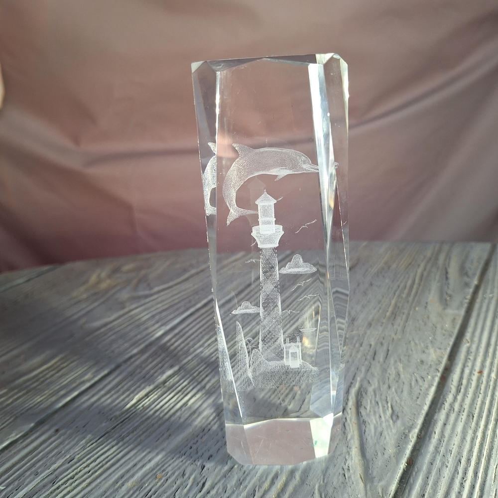3D Laser Etched Crystal "Lighthouse With Dolphin" Display/Paperweight